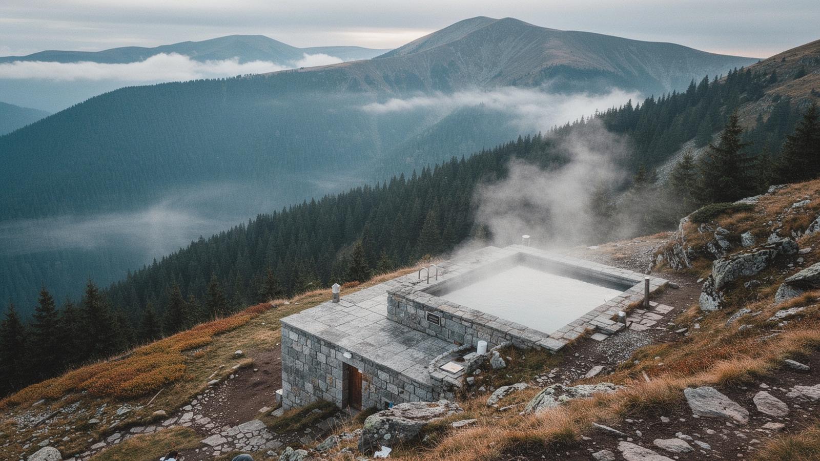 Morning mist over a forested Carpathian ridge above a small thermal bath house